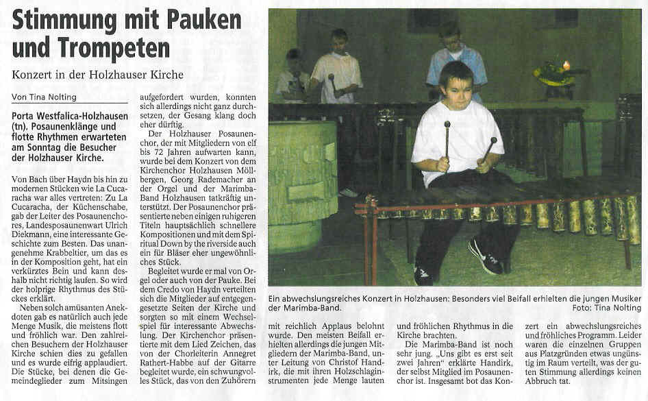 Artikel im MT zur Chor- und Instrumentalmusik mit Foto der Marimba Band