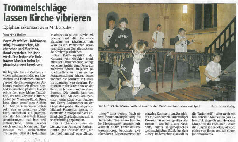 Artikel im MT zur Chor- und Instrumentalmusik mit Foto der Marimba Band